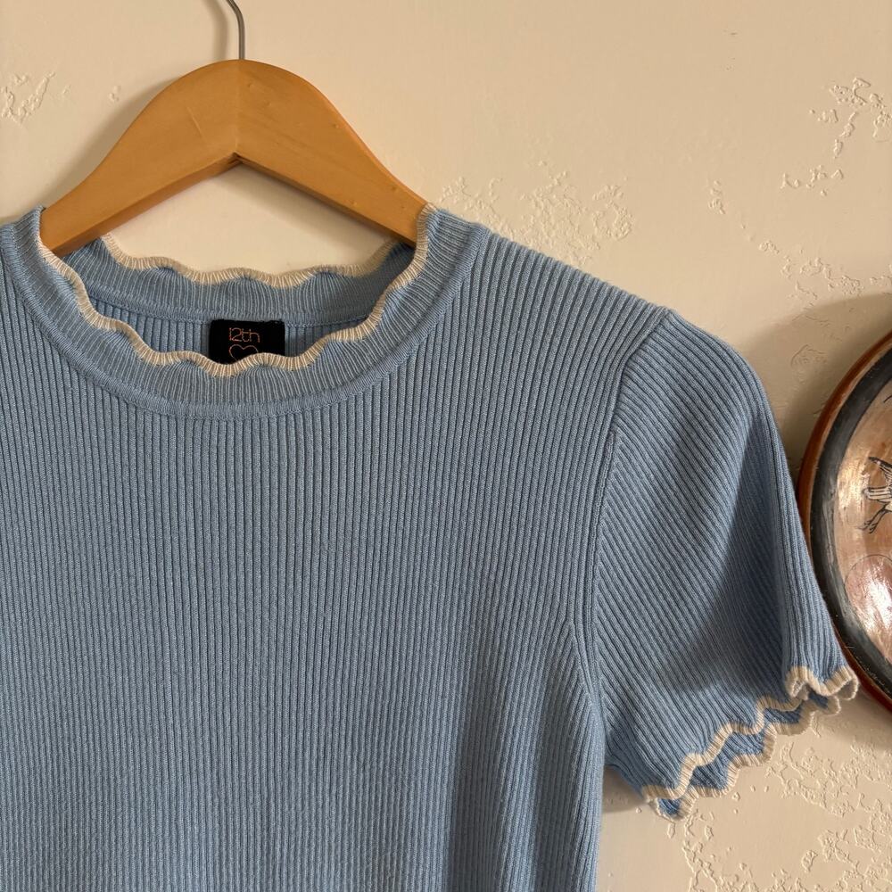 Blue and White Squiggly Hem Ribbed Tee